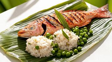 A fish on a leaf with rice and peas photo