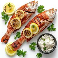 Grilled fish with lemon slices and rice on white background photo