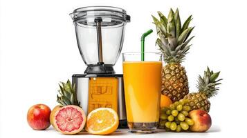 A blender with fruit and juice on a white background photo