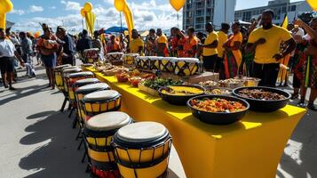 A group of people standing around a table with drums and food photo