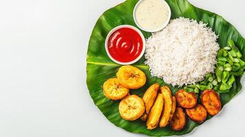A plate with rice, vegetables and sauce on a leaf photo