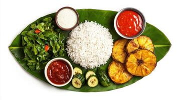 A plate with rice, vegetables and sauces on it photo