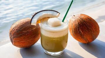 A coconut drink with a straw and two coconuts photo
