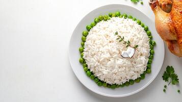 Turkey and rice on white plate photo
