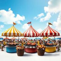 A colorful carnival with food stands and tents photo