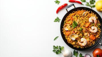 Paella with seafood and vegetables in a pan on a white background photo