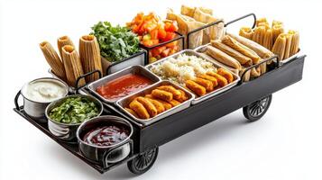 A cart with food on it and a white background photo