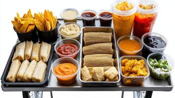 A cart filled with food and condiments photo