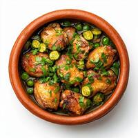 A bowl filled with chicken and peas photo