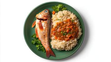 A fish and rice dish on a plate with a green plate photo