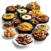 A variety of dishes are arranged in black bowls photo