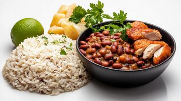 Coconut rice, chicken and beans in a bowl with lime and cilantro photo