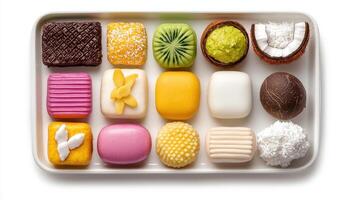 A tray of assorted pastries on a white surface photo