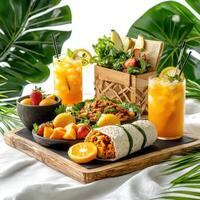 A tray of food with drinks on a table photo