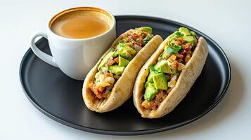Two tacos on a plate with a cup of coffee photo