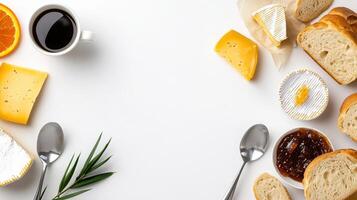 An image of bread, cheese, and other foods photo