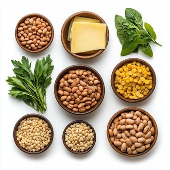 Various types of beans, nuts and cheese in bowls photo