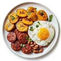 A plate of food with beans, eggs, and sausage photo