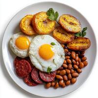 A plate of food with eggs, beans, and sausage photo