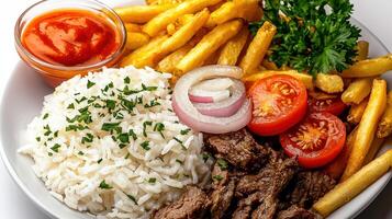 A plate of food with rice, meat, vegetables and sauce photo