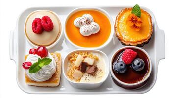 A white plate with four different desserts on it photo