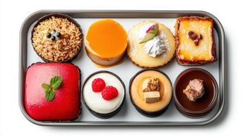 A tray of desserts on a white surface photo