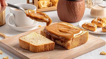 A person is eating a piece of bread with peanut butter photo