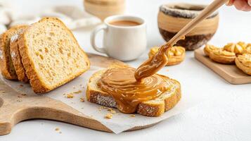 A person is dipping a piece of bread in peanut butter photo