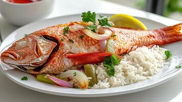 A large fish with rice and vegetables on a white plate photo