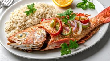 A fish with vegetables and rice on a plate photo