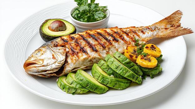 A la parrilla pescado con aguacate y Pepino en un blanco plato foto
