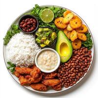 A plate of food with beans, rice, avocado, and other ingredients photo
