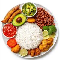 A plate of food with rice, beans, and other ingredients photo