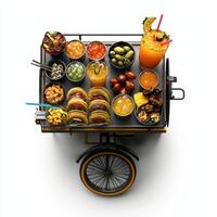 A cart filled with food and drinks on a white background photo
