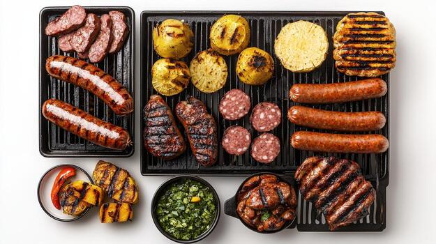 A grill with various meats and vegetables photo
