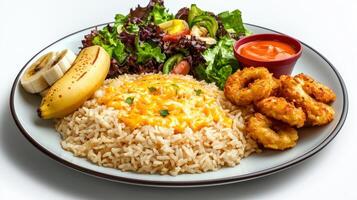 A plate with rice, shrimp, banana and salad photo
