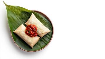Mexican tamales with tomato sauce on a leaf photo