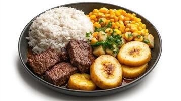 A bowl of food with rice, corn, and meat photo