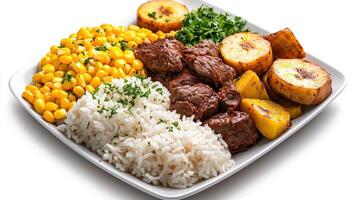 A plate with meat, rice and corn on it photo