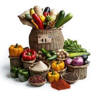 A basket full of vegetables and spices photo