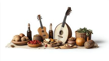 Various musical instruments and food on a table photo