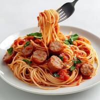 A plate of spaghetti with sausage and meatballs photo