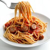A plate of spaghetti and meatballs with a fork photo