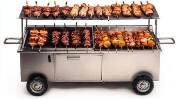A barbecue cart with meat on skewers photo