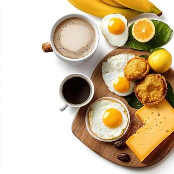 Breakfast with eggs, cheese, bananas and coffee photo