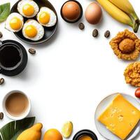 Breakfast foods with eggs, coffee, bananas, and other ingredients photo