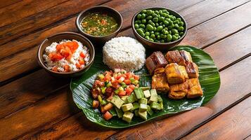 A plate of food on a wooden table photo