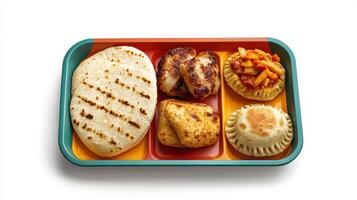 A tray with food on it, including a tortilla, a chicken and a pizza photo