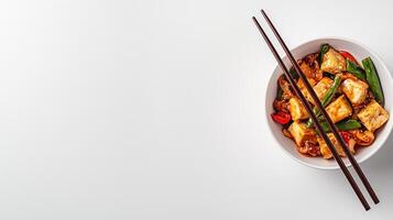 Chopsticks and tofu in a bowl on a white background photo