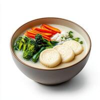 A bowl of soup with vegetables and biscuits photo